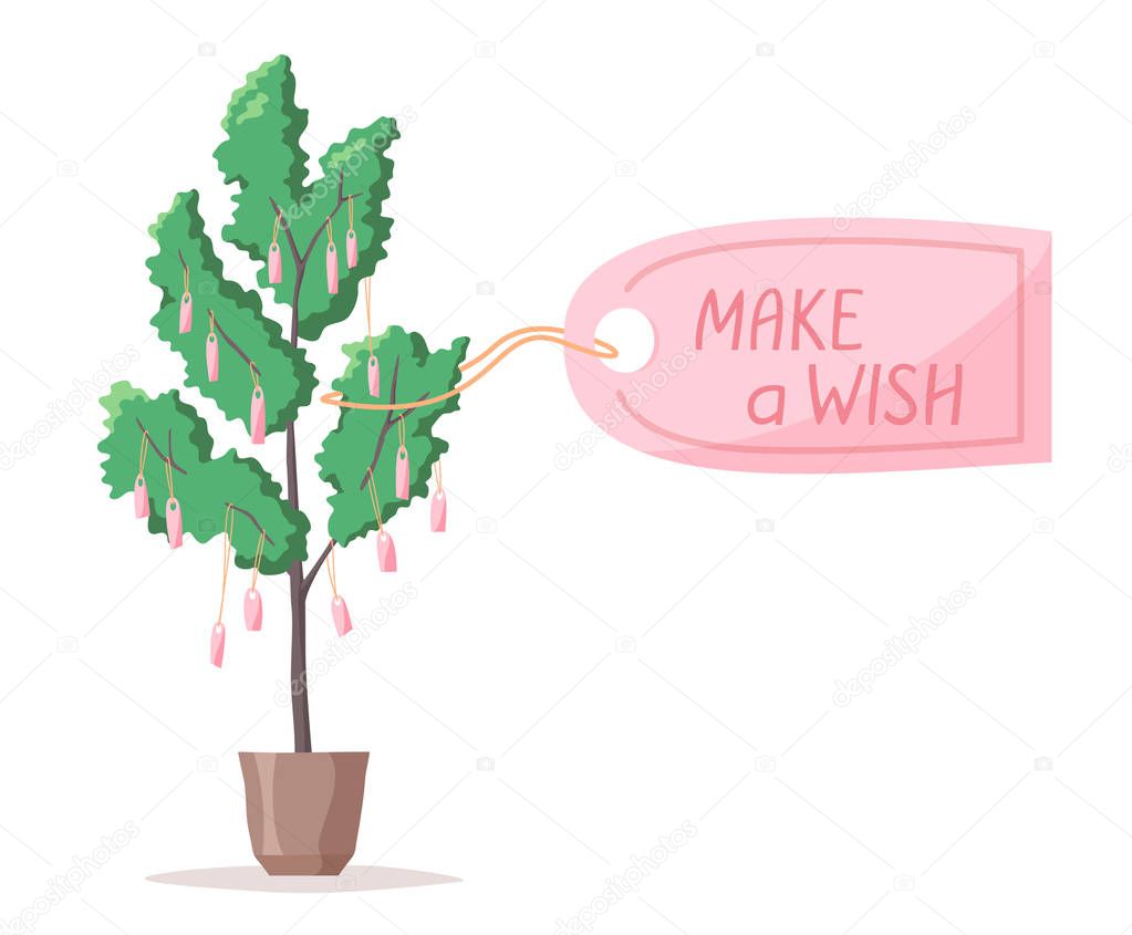 Wish tree, make a wish lettering, notes and labels with wishes hang on tree, written desires and dreams, plant in pot, vector illustration