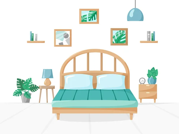 Bedroom in flat style, home illustration with bed, lamp, house plants in pots, books on shelves, clock, sweet home vector illustration — Stock Vector