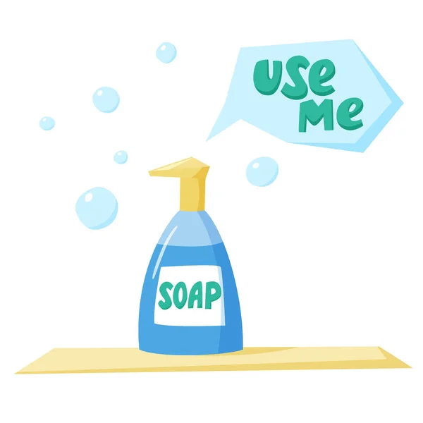 Jabón en botella dispensador con burbujas de jabón arounds, use me signo, lavarse las manos con jabón, estilo plano — Archivo Imágenes Vectoriales