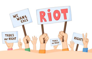 People on demonstration demand justice. Hands with banners, placards and posters. Human right activists with manifestation signs. Concept of protest, pickets, revolution, strike, riot.  clipart