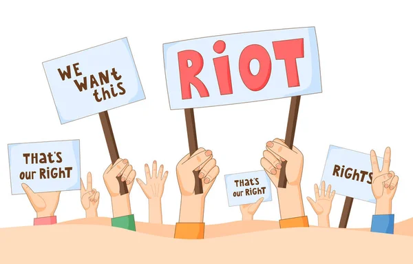 As pessoas em manifestação exigem justiça. Mãos com banners, cartazes e cartazes. Ativistas de direitos humanos com sinais de manifestação. Conceito de protesto, piquetes, revolução, greve, motim. — Vetor de Stock