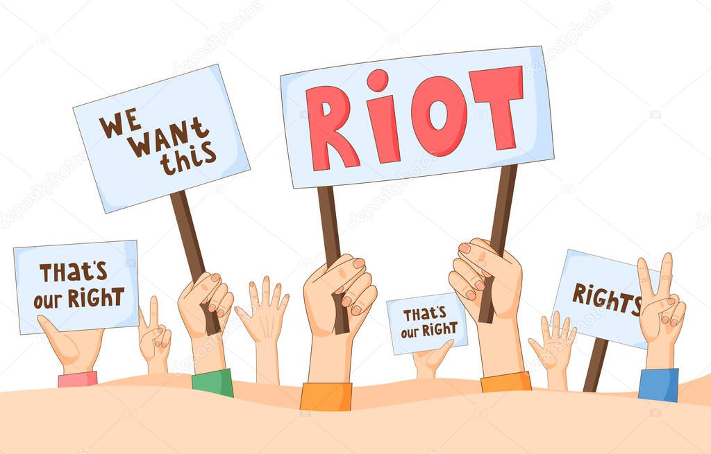 People on demonstration demand justice. Hands with banners, placards and posters. Human right activists with manifestation signs. Concept of protest, pickets, revolution, strike, riot. 
