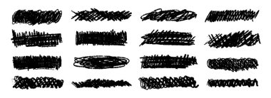 Siyah grunge ocak lekesi seti. Islak ya da kuru pastel kalem karalama tomarı. El yapımı pastel boyalı dalgalı şekil koleksiyonu. Vektör kaba tebeşir kömürü çizimi, karalamalar ve kapaklar paketi