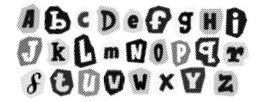 Black halftone alphabet. Retro pixelated letters design. Comic pop art cut out font. Old-fashioned newspapers typography set. Rasterized bitmap English alphabet. Aged textured dotted abc. Vector