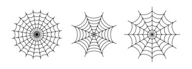 Siyah çizgi örümcek ağı kuruldu. Basit örümcek ağı koleksiyonu. Cadılar Bayramı çerçevesi ve sınırları afiş, poster ve dekorasyon için. Doğrusal, ürkütücü, birbirine dolanmış ağ demeti. Vektör Cadılar Bayramı özet paketi