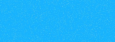 Kar kusursuz bir şekilde düşüyor. Açık mavi duvar kağıdında tekrarlanan beyaz kar. Beyaz kar taneleri, noktalar, Noel süsleri için benekler. Kış tipi hava örtüsü. Tekrarlayan kar yağışı arkaplanı