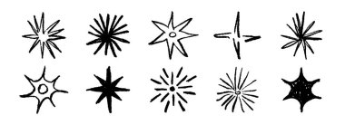 Siyah pastel boya el çizimi yıldızlar ve ışıltılar. Çocuksu karalama koleksiyonu. Grunge kaba fırça darbesi parlatıcı element paketi kolaj, poster, çıkartma, etiket. Çizilmiş kalem yıldız işaretleri. Vektör