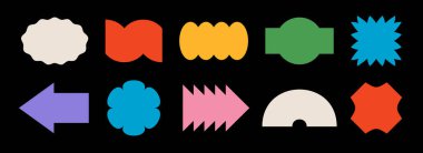 Parlak renkli soyut etiket seti. Retro pop sanat sınır unsurları koleksiyonu. Rozet, etiket, etiket, afiş, poster, el ilanı, logo için harika geometrik çerçeve paketi. Vektör funky yama paketi