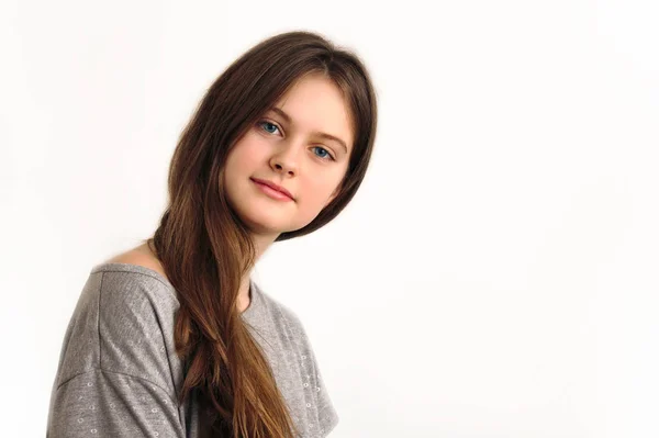 Blue Eyed Brown Haired Shy Girl Flowing Hair — Stock Photo, Image