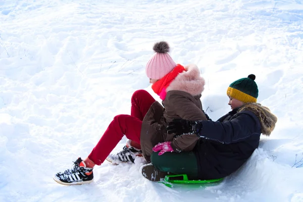 Tweeling Glijden Van Een Winter Dia — Stockfoto