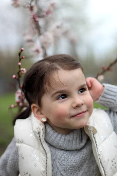 Portret van een mooie vrolijke kleine meid op een achtergrond van een bloeiende boom — Stockfoto