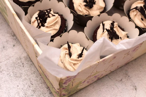 美しいチョコレートクリームは、コンクリートの背景にロープで結ばれた白い箱にカップケーキを覆った — ストック写真