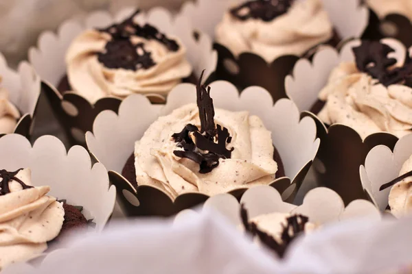 Belo chocolate creme coberto cupcakes em uma caixa branca amarrada com uma corda em um fundo de concreto — Fotografia de Stock