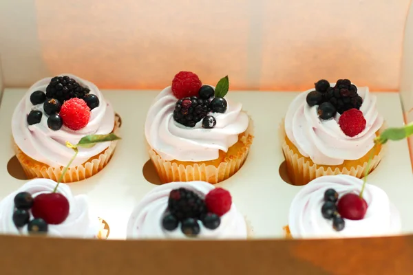 Isolated cupcakes with cream, cherry with a leaf, blackberry, raspberry black currant in a crafting box on a white background. — Stock Photo, Image