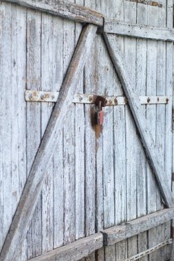 Asma kilitli eski gri ahşap tahta kapı.