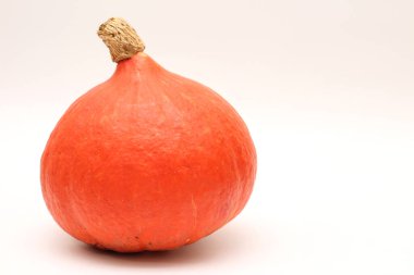 Beyaz arka planda izole edilmiş kırmızı kuri kabağı. Kenarları olmayan küçük bir balkabağının yan görüntüsü.