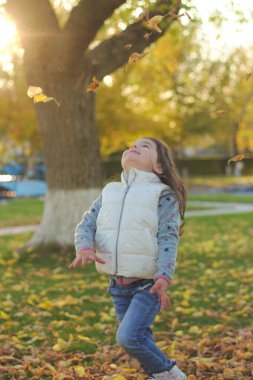 Neşeli bir çocuk bir kucak dolusu düşen sarı yaprakları saçıyor. Sonbahar parkında güneşli bir gün batımı.