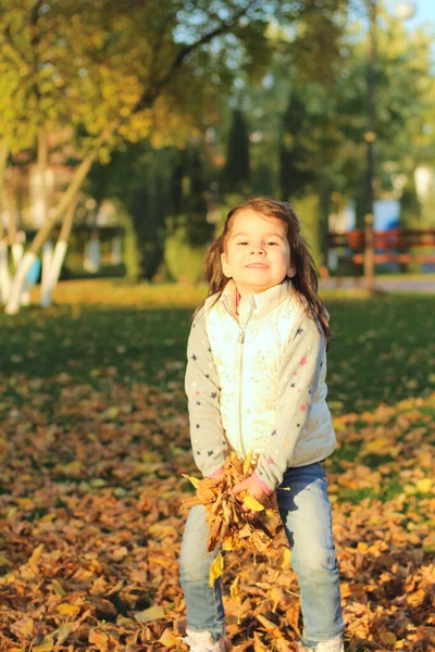 Ein lächelndes Kind hält in seinen Händen einen Arm gelber Blätter. — Stockfoto