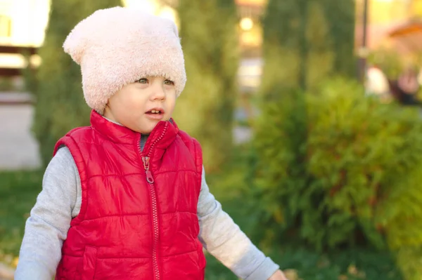 Un niño pequeño con un sombrero rosado esponjoso y un chaleco rojo está de pie cerca de un pino en el parque de otoño. Hermoso otoño día soleado al aire libre . — Foto de Stock