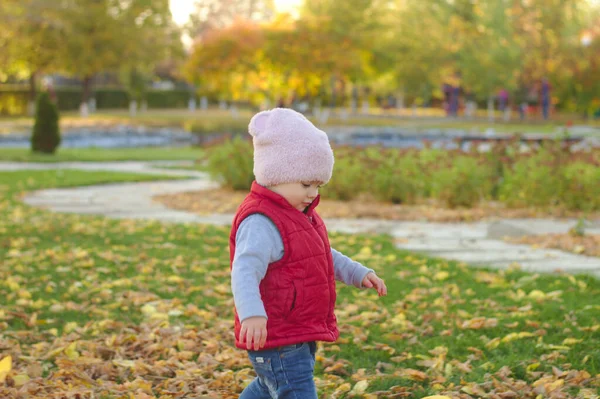 Een klein kind met een pluizige roze hoed en rood vest loopt in het herfstpark. Mooie zonnige herfstdag buiten. — Stockfoto