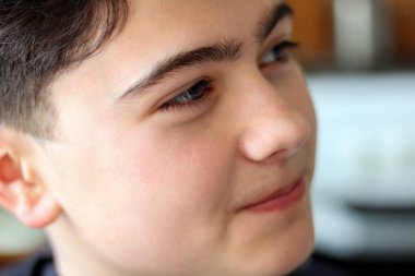 Çalı kaşlı beyaz adam yan yan bakıyor. Tek kaşlı bir gencin portresi.