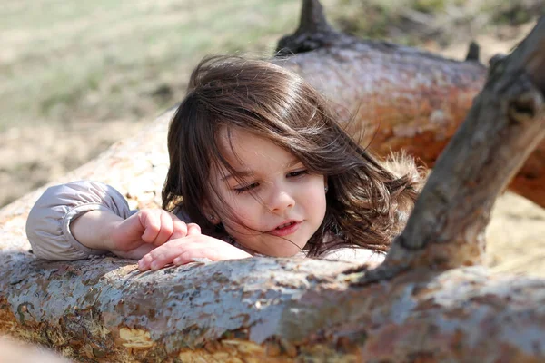 Niña Preescolar Con Pelo Largo Brillante Tira Las Manos Sobre —  Fotos de Stock