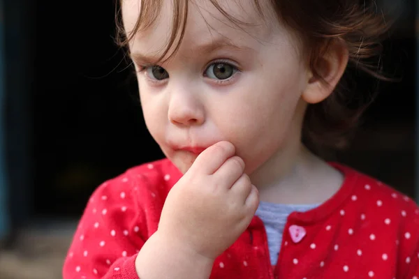 Petit Enfant Dans Pull Rouge Avec Beaux Yeux Une Bouche — Photo