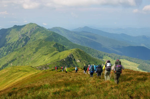 Group of tourists with large backpacks are on mountain — Stock Photo, Image