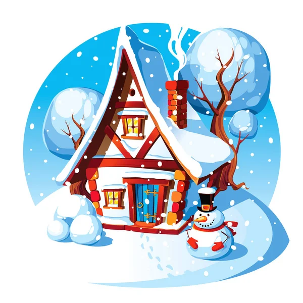 Rustik taş ev. Kış manzarası. 