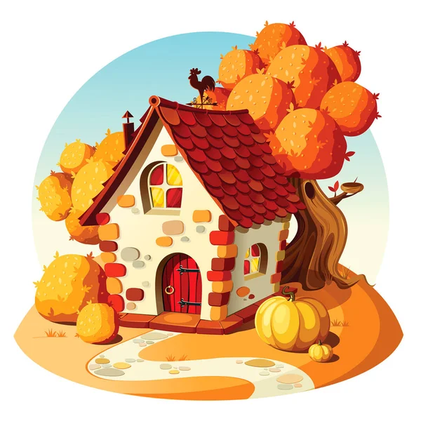 素朴な石造りの家 秋の風景 — ストックベクタ