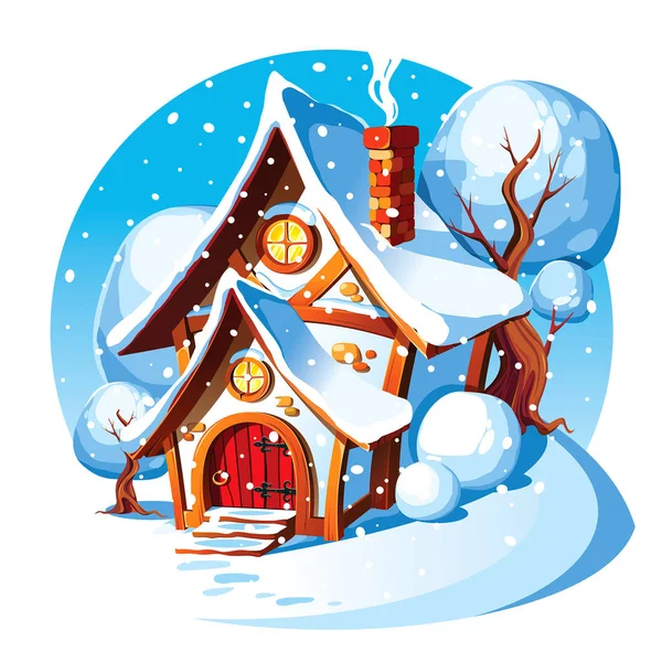 Rustik taş ev. Kış manzarası. 