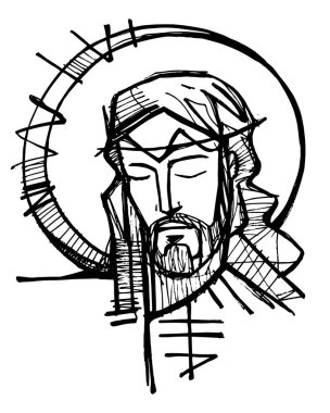 Hand drawn vector illustration or drawing of Jesus Christ Face at his Passion clipart