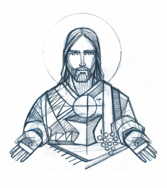 İsa Mesih ve Eucharist sembollerin çizim elle çizilmiş