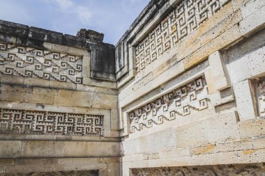 Oaxaca, Oaxaca / Meksika - 21/7/2018: ayrıntı prehispanic Mitla Oaxaca Meksika kalıntıları