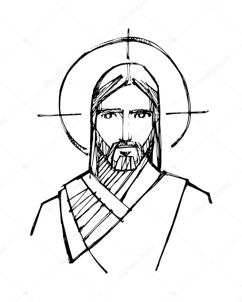 Hand drawn vector illustration or drawing of Jesus Christ face