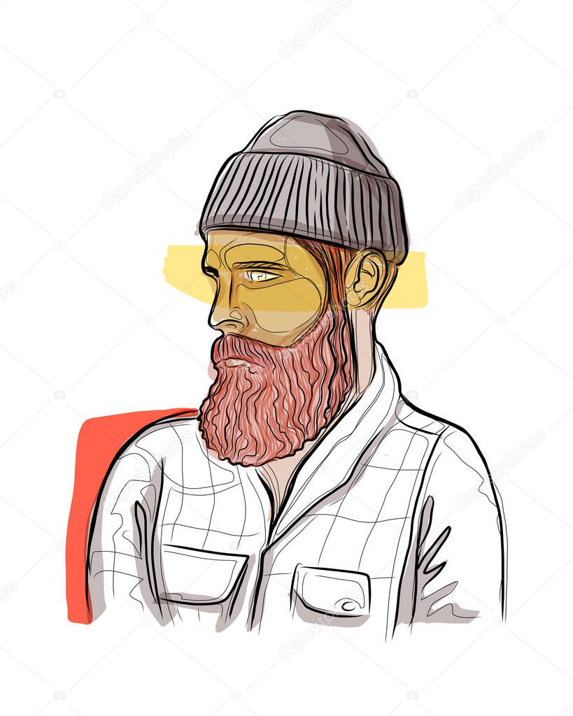 Hand drawn vector ink illustration or drawing of a hipster bearded lumberjack