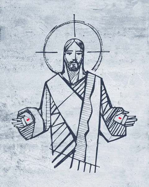 Hand Drawn Illustration Drawing Jesus Christ Open Hands — Stock Photo, Image