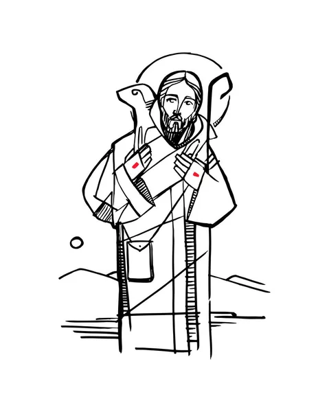 Illustration Vectorielle Dessinée Main Dessin Jésus Christ Bon Pasteur — Image vectorielle