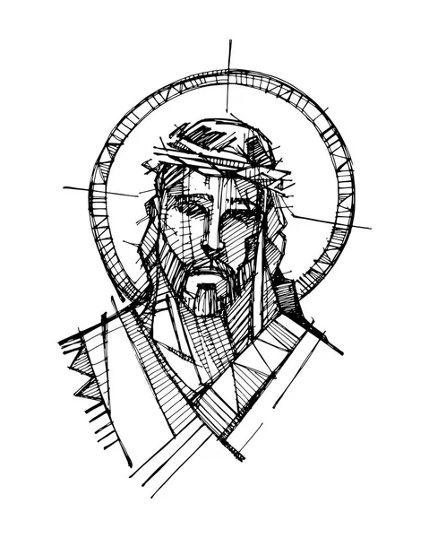 Illustration Vectorielle Dessinée Main Dessin Jésus Christ Face Passion — Image vectorielle