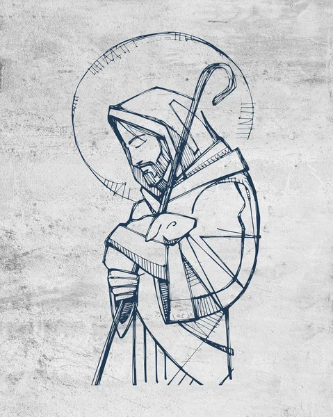 Illustrazione Disegno Disegnato Mano Gesù Cristo Buon Pastore — Foto Stock