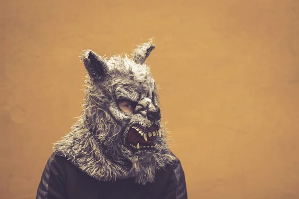Photograph of a person with a wolf mask