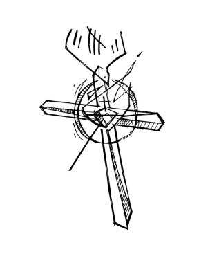El çizilmiş vektör illüstrasyon veya dini bir mürekkep christian Cross sembolü çizim