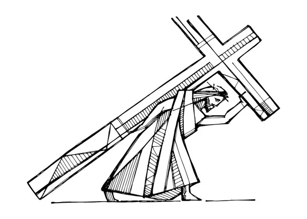 Ilustração Vetorial Desenhada Mão Desenho Jesus Cristo Carregando Cruz — Vetor de Stock