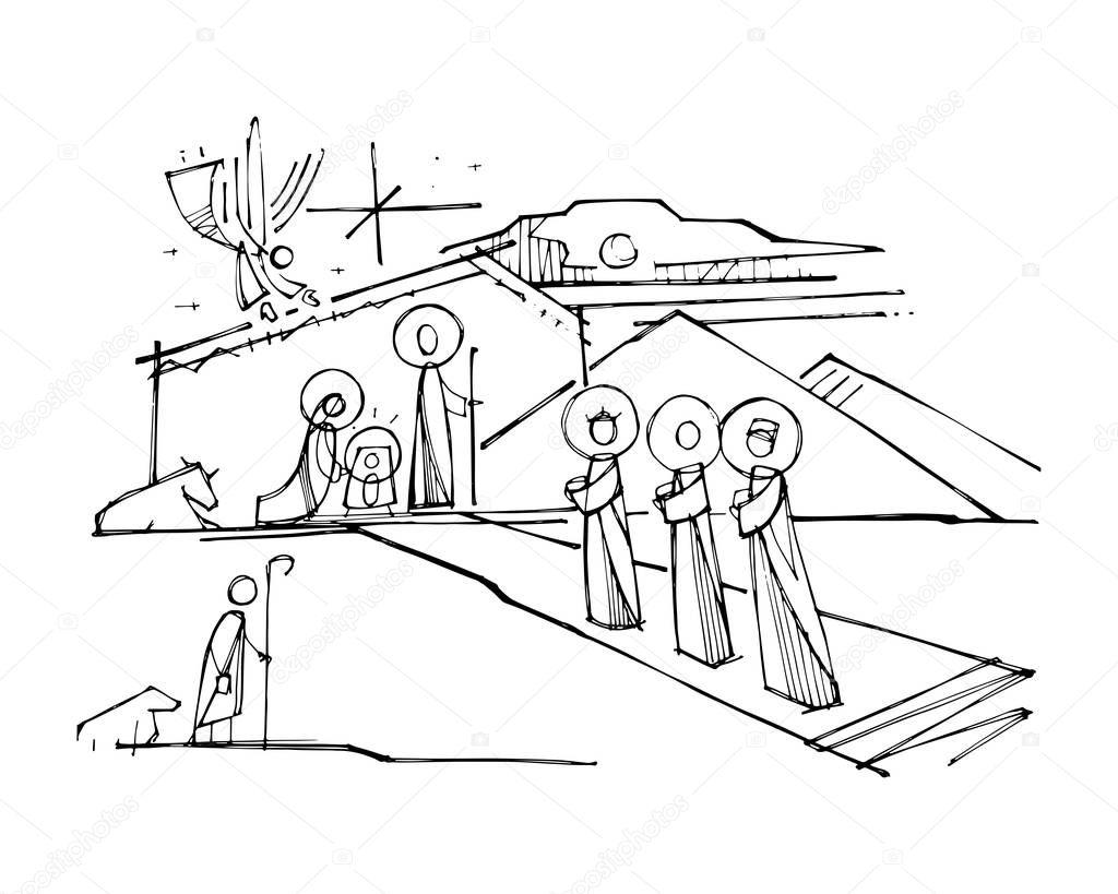 Hand drawn vector illustration or drawing of Jesus Christ Nativity scene