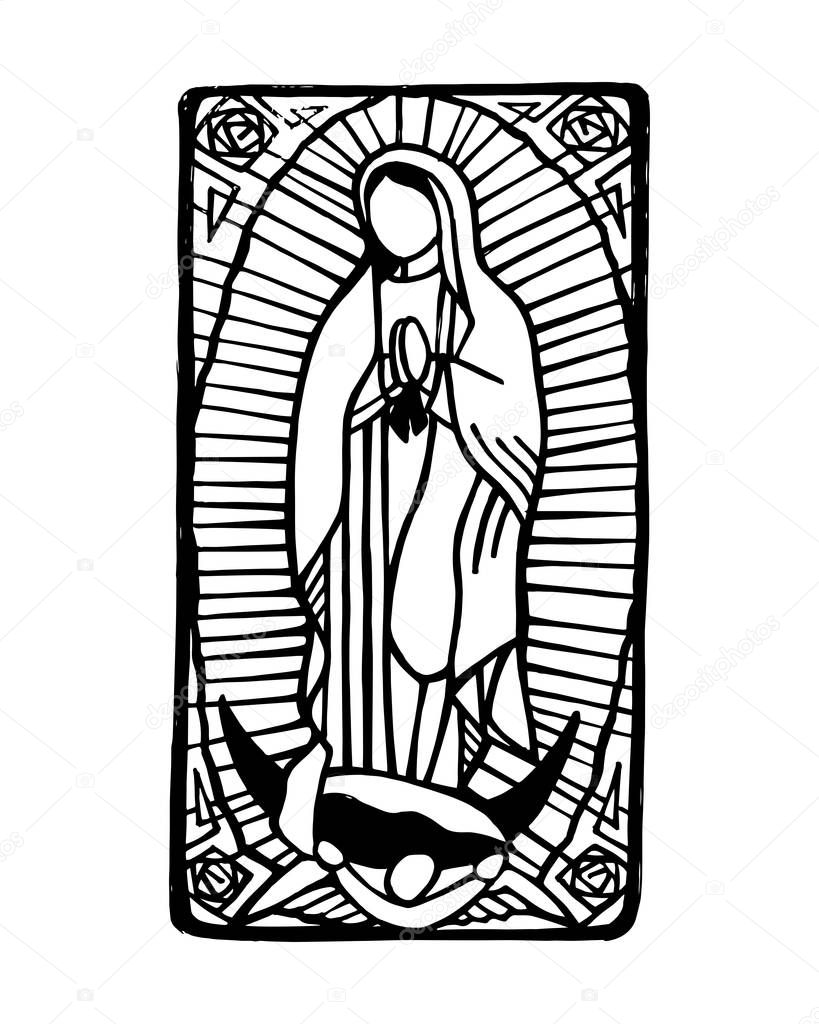 Hand drawn vector illustration or drawing of mexican Virgin Mary of Guadalupe,