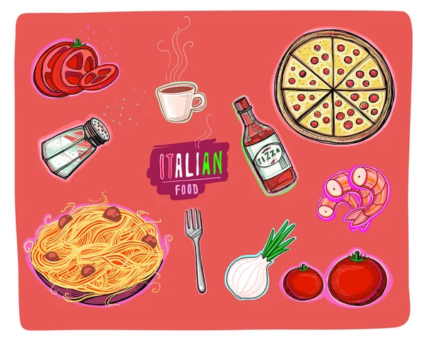 イタリア料理のいくつかの要素の手描きベクトルイラストや描画 — ストックベクタ