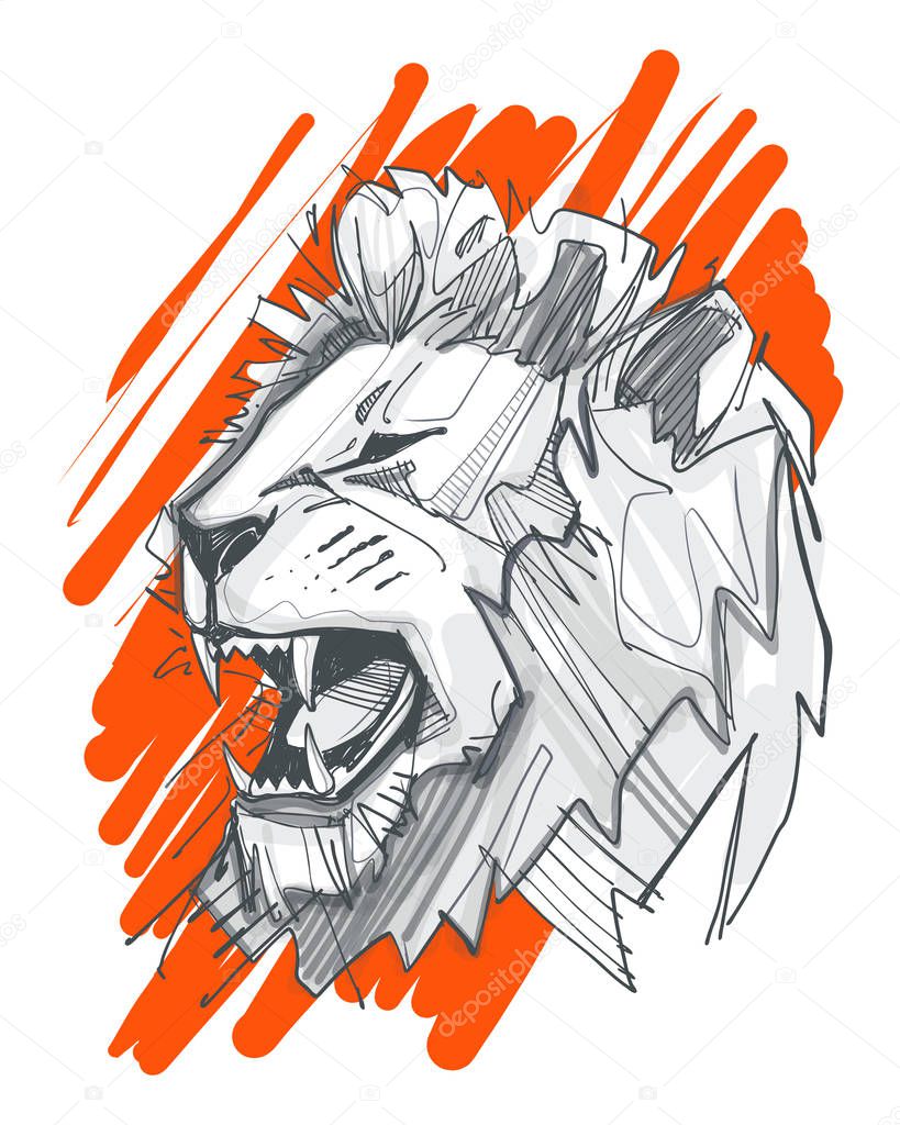 Hand drawn vector ink illustration or drawing of a lion head