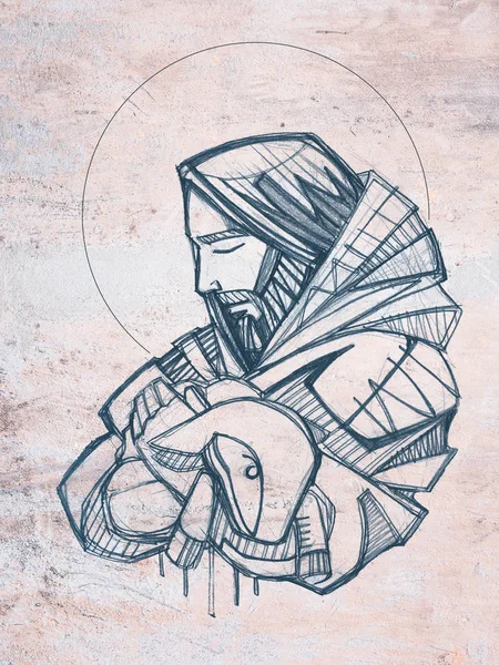 Jesus Christ Good Shepherd hand drawn illustration
