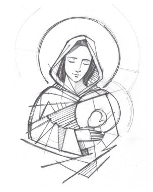 Meryem Ve bebek İsa el çizilmiş kalem illüstrasyon