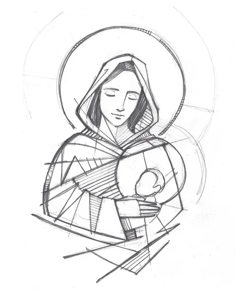 Jungfru Maria och baby Jesus hand dras penna illustration — Stockfoto